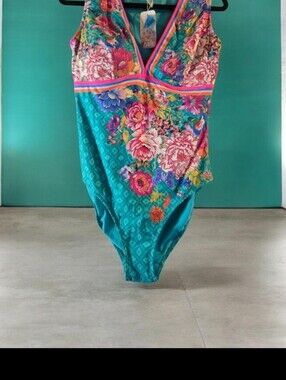 Johnny Was Teal Floral One-Piece Swimsuit with Pink and Yellow Accents